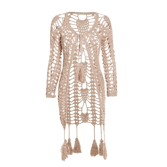 SOLD OUT Khaki Bohemian Hand Knit Tassel Open Crochet Knit Cardigan Sweater - Picture 7 of 7